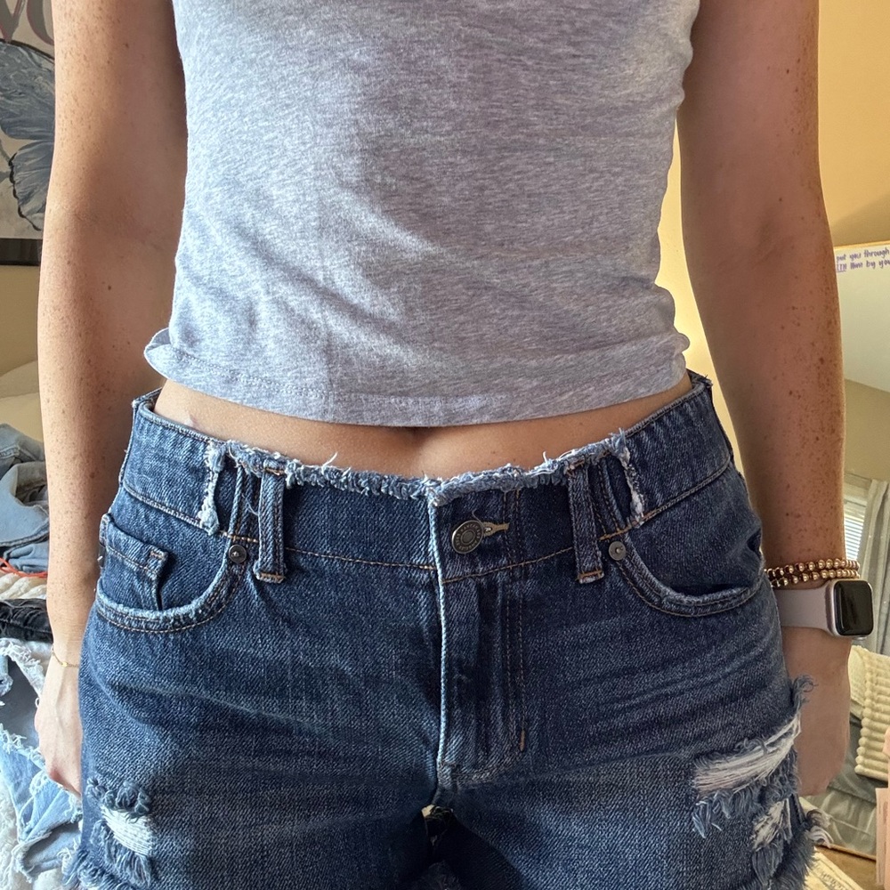 Blue Distressed Jean Shorts with High-Waisted Fit